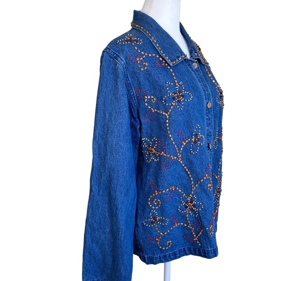 KEREN Hart Vintage 90s Floral Beaded Embellished Denim Shirt Shacket Boxy Fit S - Picture 5 of 16